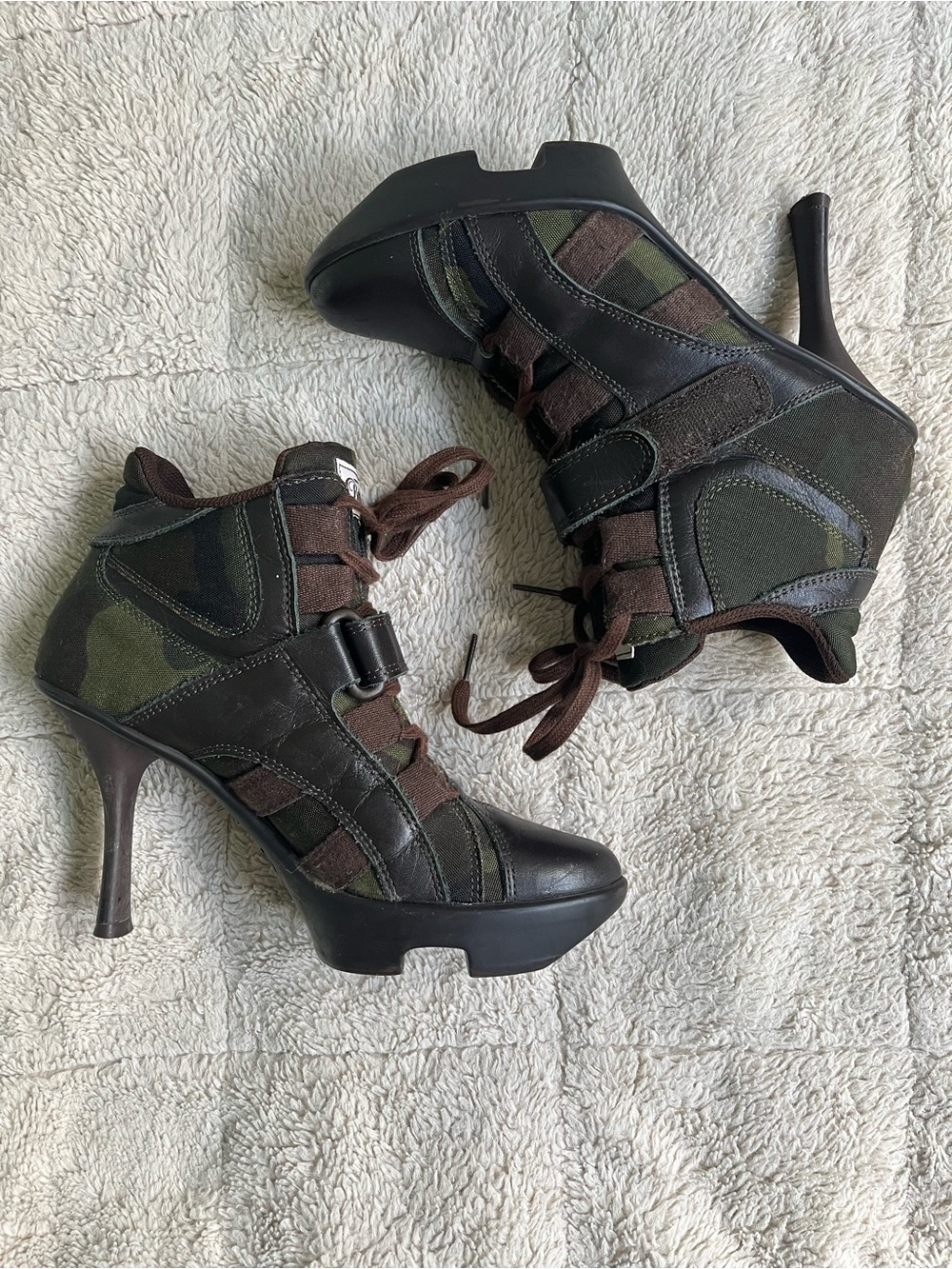 Y2K Buffalo London Camouflage Stiletto High Heel Lace-Up Sneaker Boots